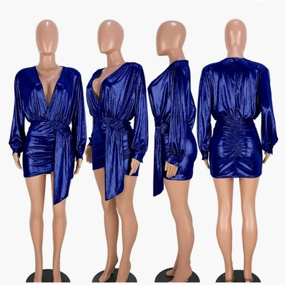 Deep v neck metalic glitter ruched long sleeve - Picture 2 of 2